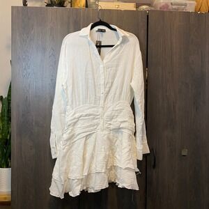 PrettyLittleThing White Textured Gauze Tiered Ruffle Shirt Dress US 10 NEW